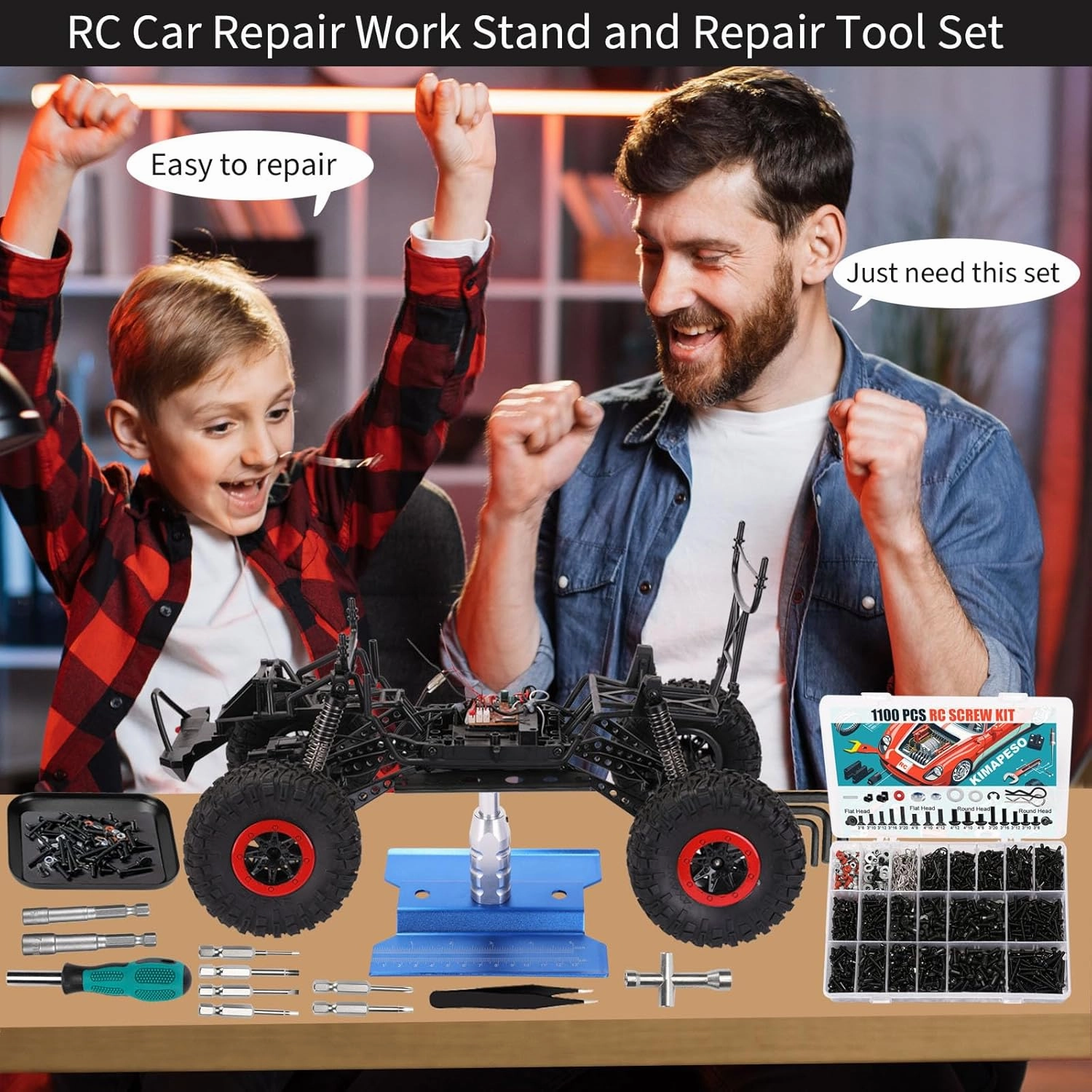RC Car Repair Work Stand, 1100pcs RC Screw Kit and RC Screwdrivers Repair Set for Traxxas Axial Redcat Arrma HPI HSP SCX10 RC4WD 1/8 1/10 1/12 1/16 Scale RC Crawler Truck Buggy Car