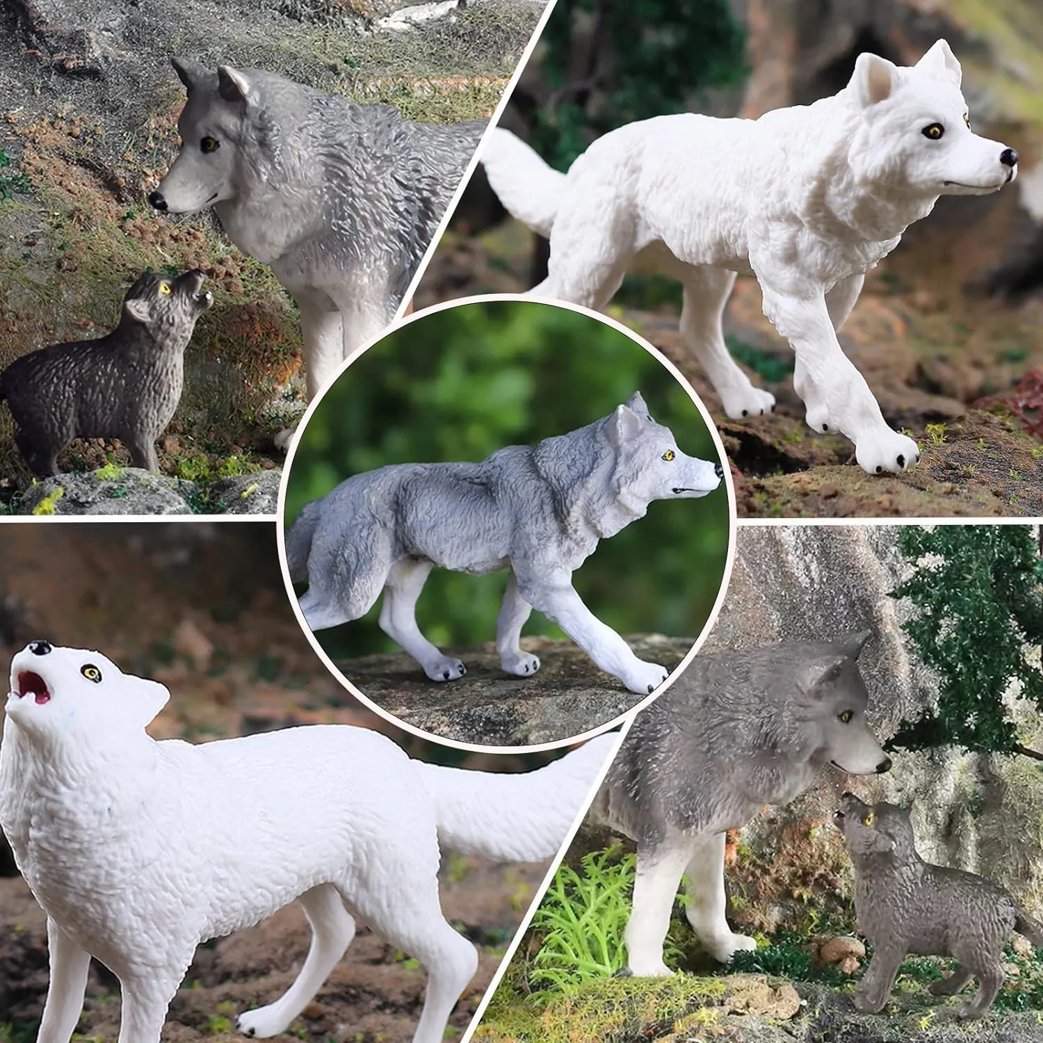 RCOMG 8PCS Wolf Toy Figures, Realistic Wild Animal Wolf Figurines Plastic Jungle Forest Animal Toys Figurines for Kids Boys Girls