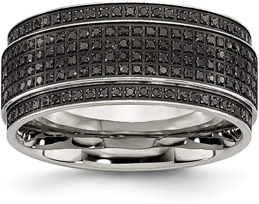 Real Stainless Steel 1/2ct tw. Diamond Ridged Edge 10mm Men's Wedding Band Ring