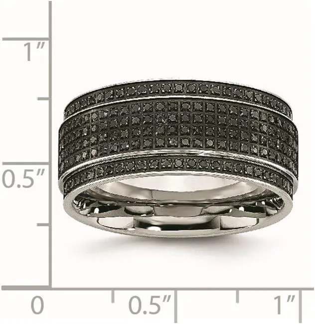 Real Stainless Steel 1/2ct tw. Diamond Ridged Edge 10mm Men's Wedding Band Ring