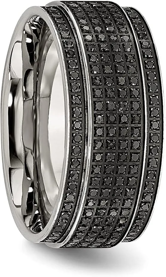 Real Stainless Steel 1/2ct tw. Diamond Ridged Edge 10mm Men's Wedding Band Ring