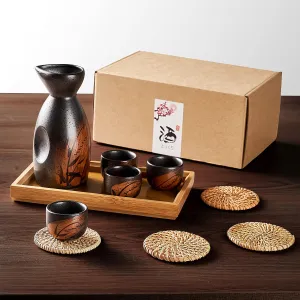 RECEESOON 10 Piece Traditional Japanese Sake Set with Tray, Korean Soju Glass, Black Sake Cups, Saki Cup Set, Japanese Gifts Set