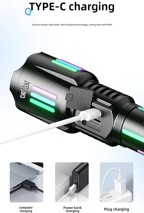 Rechargeable LED Flashlight, 2,000,000 Lumens, Tactical, 5 Modes, Zoomable, IP67 Waterproof, for Camping/Home, Powerful Tactical Flashlight for Emergencies, Camping, Hiking
