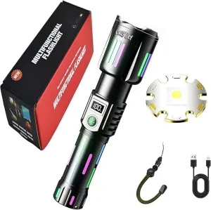 Rechargeable LED Flashlight, 2,000,000 Lumens, Tactical, 5 Modes, Zoomable, IP67 Waterproof, for Camping/Home, Powerful Tactical Flashlight for Emergencies, Camping, Hiking