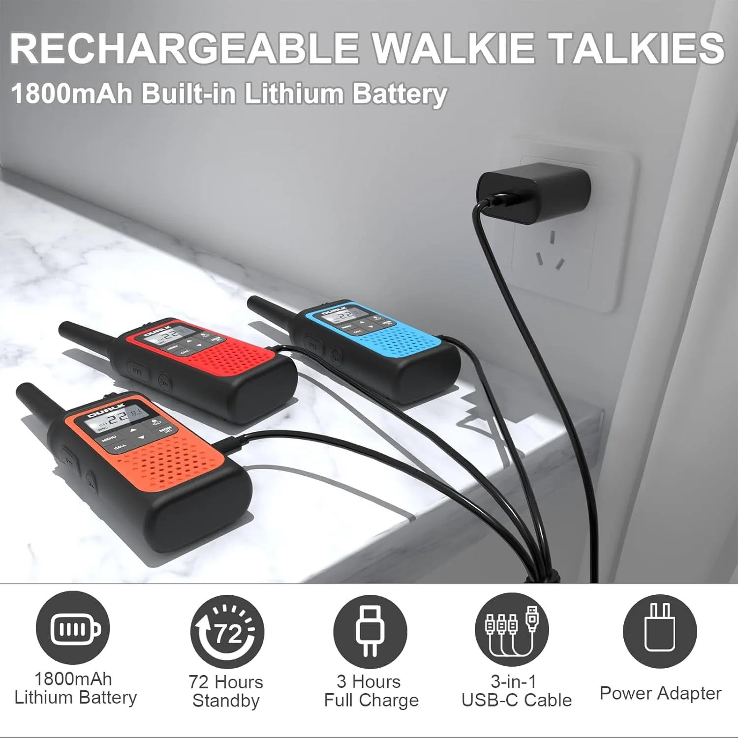 Rechargeable Walkie Talkies Long Range, 3 Pack Walkie Talkies for Adults NOAA Wether Alert, 2 Way Radios 22 FRS Channels with 1800mAh Li-ion Battery USB-C Cable Charger VOX for Hiking Cruises Camping