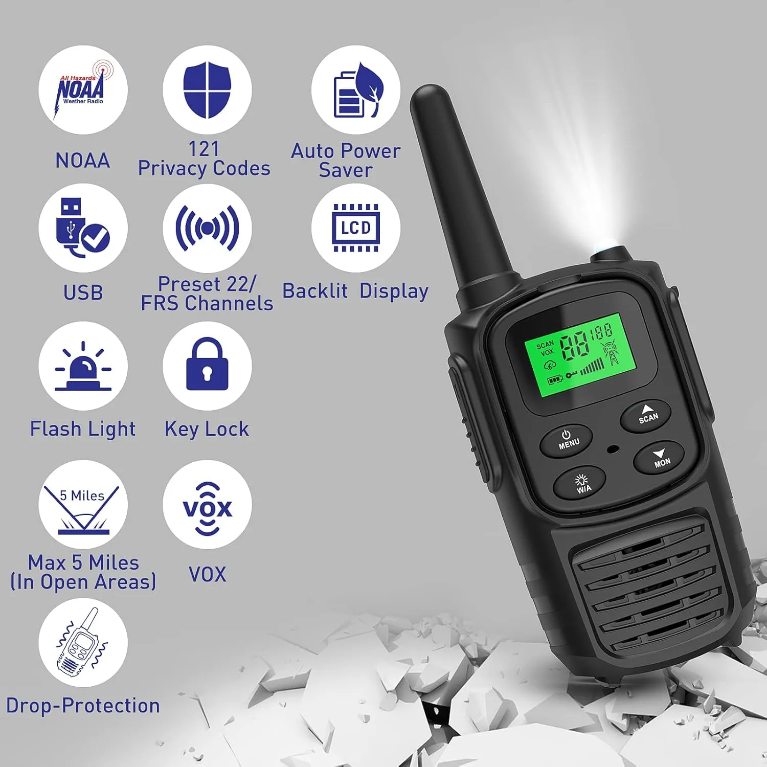 Rechargeable Walkie Talkies,Fvamom Walkies Talkies for Adults with 22 Channels,Long Range Walkie Talkies with NOAA Weather Channels,VOX LCD Display LED Flashlight for Hiking Camping Trip(Black)
