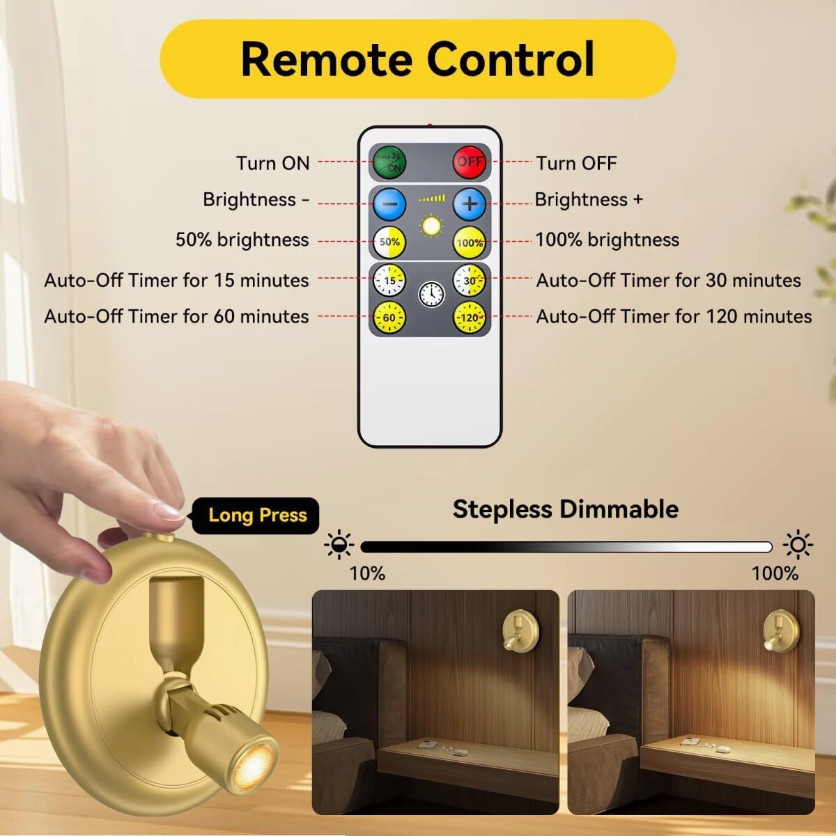 Rechargeable Battery LED Spotlight Indoor: Wireless Mini Art Accent Spot Lights with Timer Remote - Small Dimmable Uplight for Plants Display Painting Dartboard Artwork Portrait Closet (2 pack-gold)
