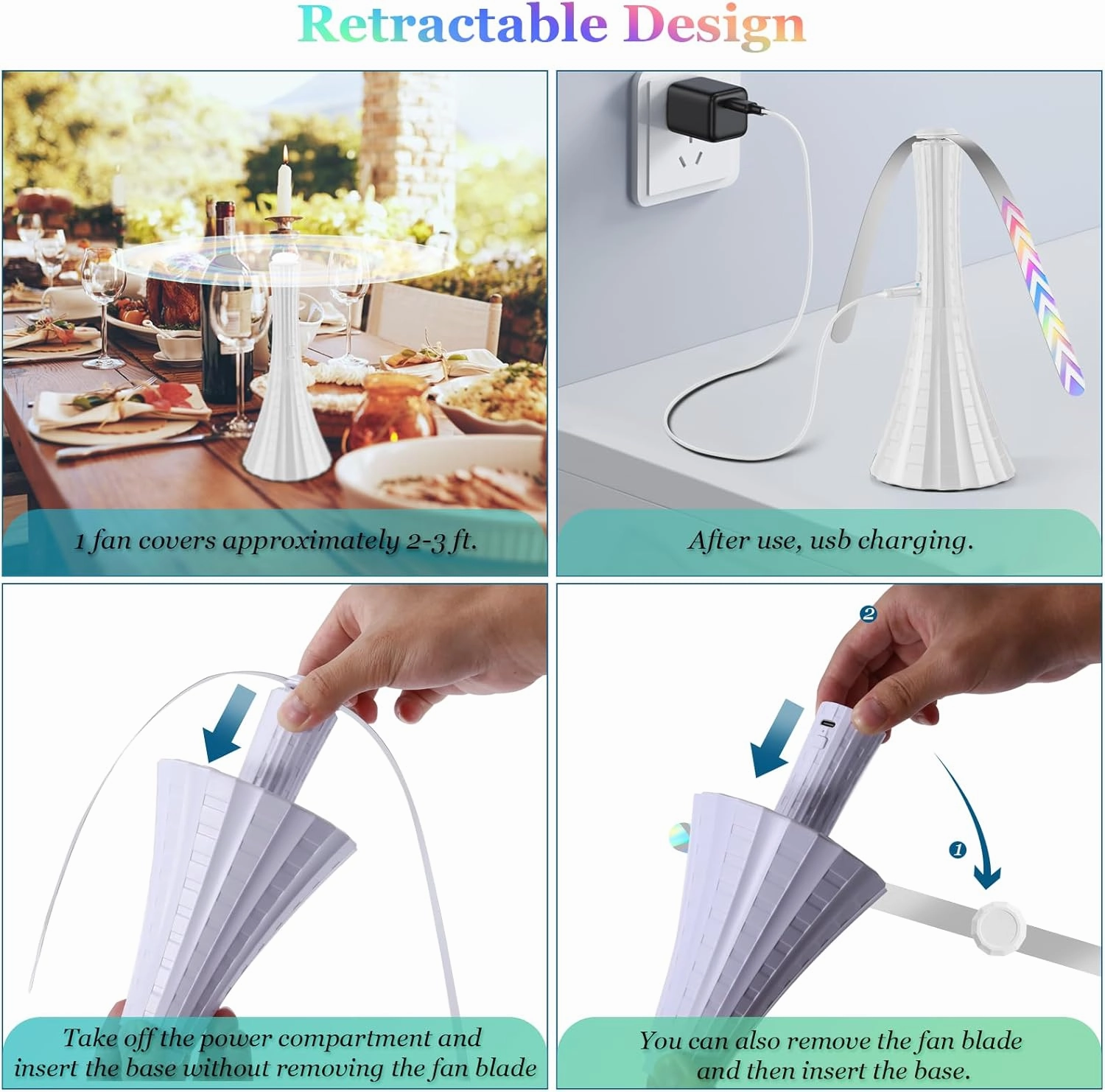 Rechargeable Fly Fans for Tables, Fly Fans for Outdoor Tables USB, Fly Fans to Keep Flies Away by Soft Blades, Food Fans for Camping, Picnic, Fishing, Fly Repellent Outdoor Patio, 3pcs, White