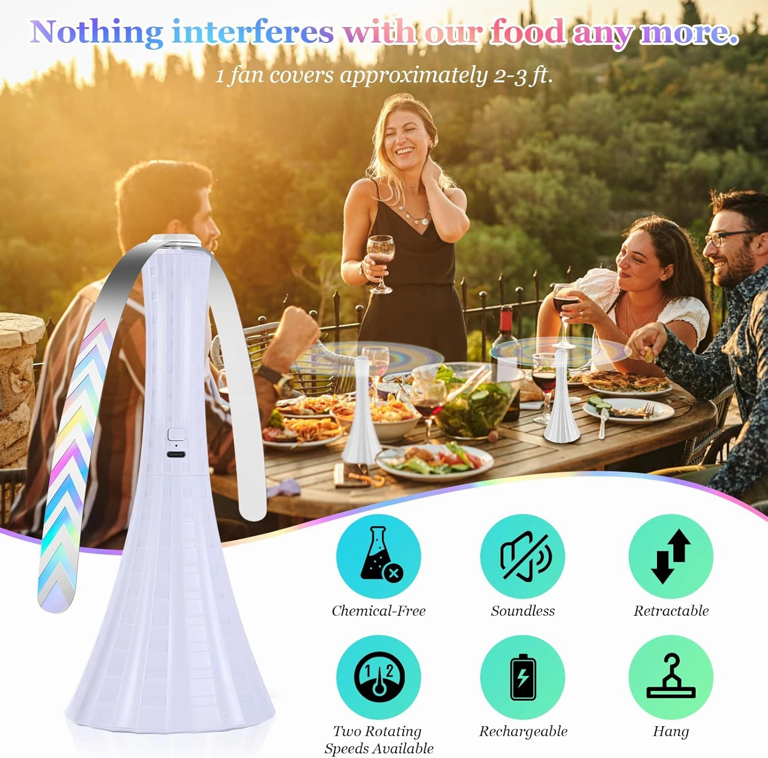 Rechargeable Fly Fans for Tables, Fly Fans for Outdoor Tables USB, Fly Fans to Keep Flies Away by Soft Blades, Food Fans for Camping, Picnic, Fishing, Fly Repellent Outdoor Patio, 3pcs, White