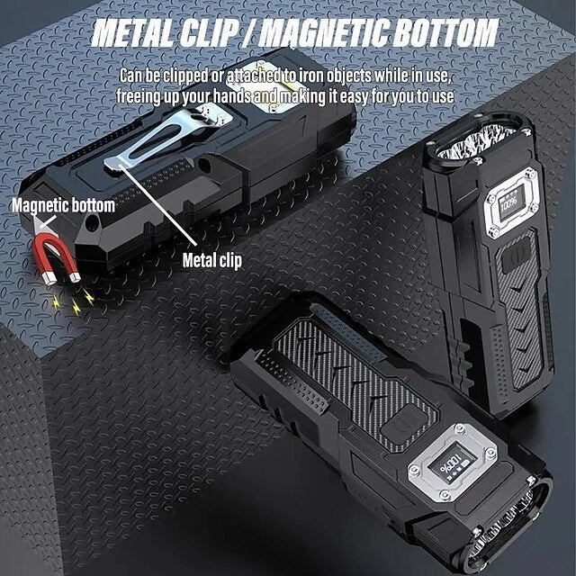 Rechargeable LED Flashlight with COB Side Light Super Bright Rechargeable Torch Portable Work Light with Metal Back Clip and Bottom Magnet for Outdoor Camping Hiking Fishing