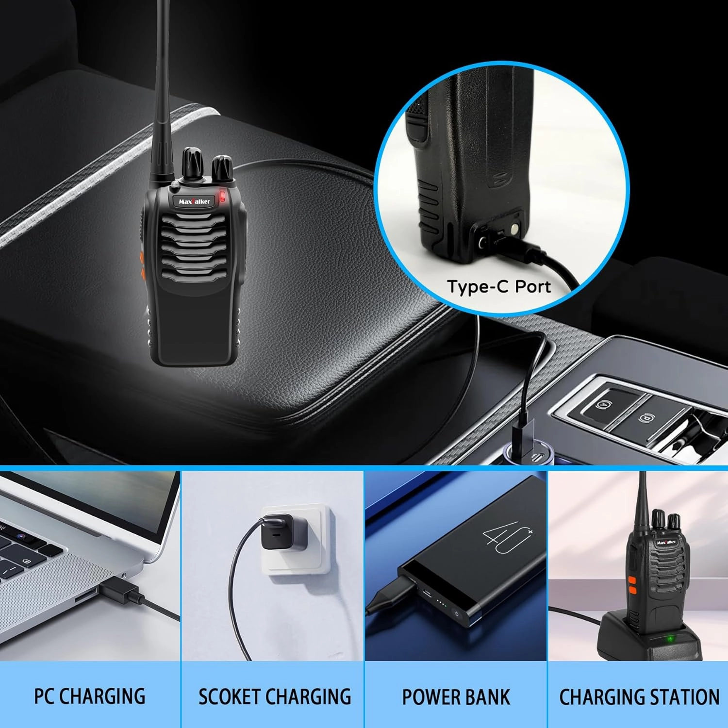 Rechargeable Walkie Talkies Long Range: MaxTalker MT-8S Walkie Talkies with Earpiece, Two Way Radio with 1500mAh Battery with Type-C Charging Walkie Talkie for Adults Business Family, 4 Pack