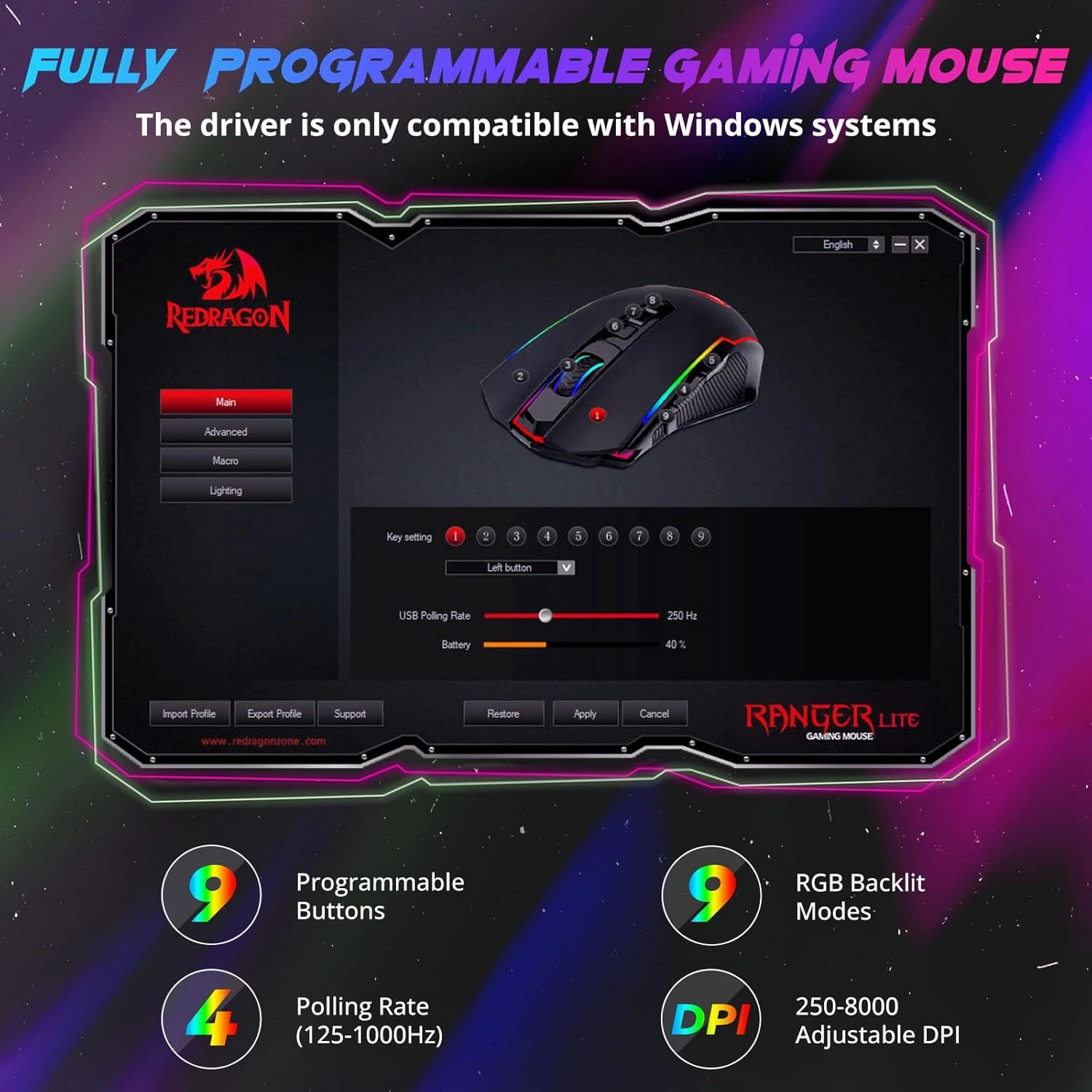 Redragon Gaming Mouse, Wireless Mouse Gaming with 8000 DPI, PC Gaming Mice with Fire Button, RGB Backlit Programmable Ergonomic Mouse Gamer, Rechargeable, 70Hrs for Windows, Mac Gamer, Black