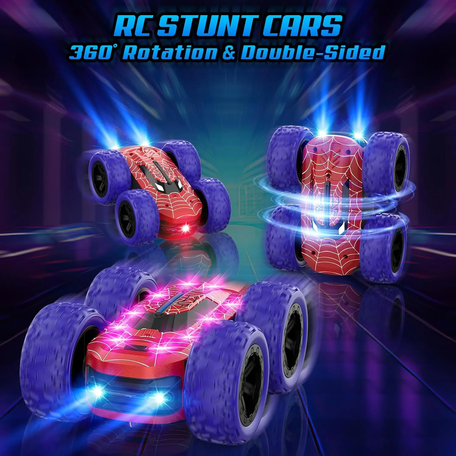 Remote Control Car for Boys, RC Cars for Kids with Colorful LED Lights, 2.4Ghz Double Sided 360° Flips 4WD Stunt Car, Rechargeable Toy Cars for Boys Girls Ages 4-6 5-7 6-8 8-12 Birthday Gift
