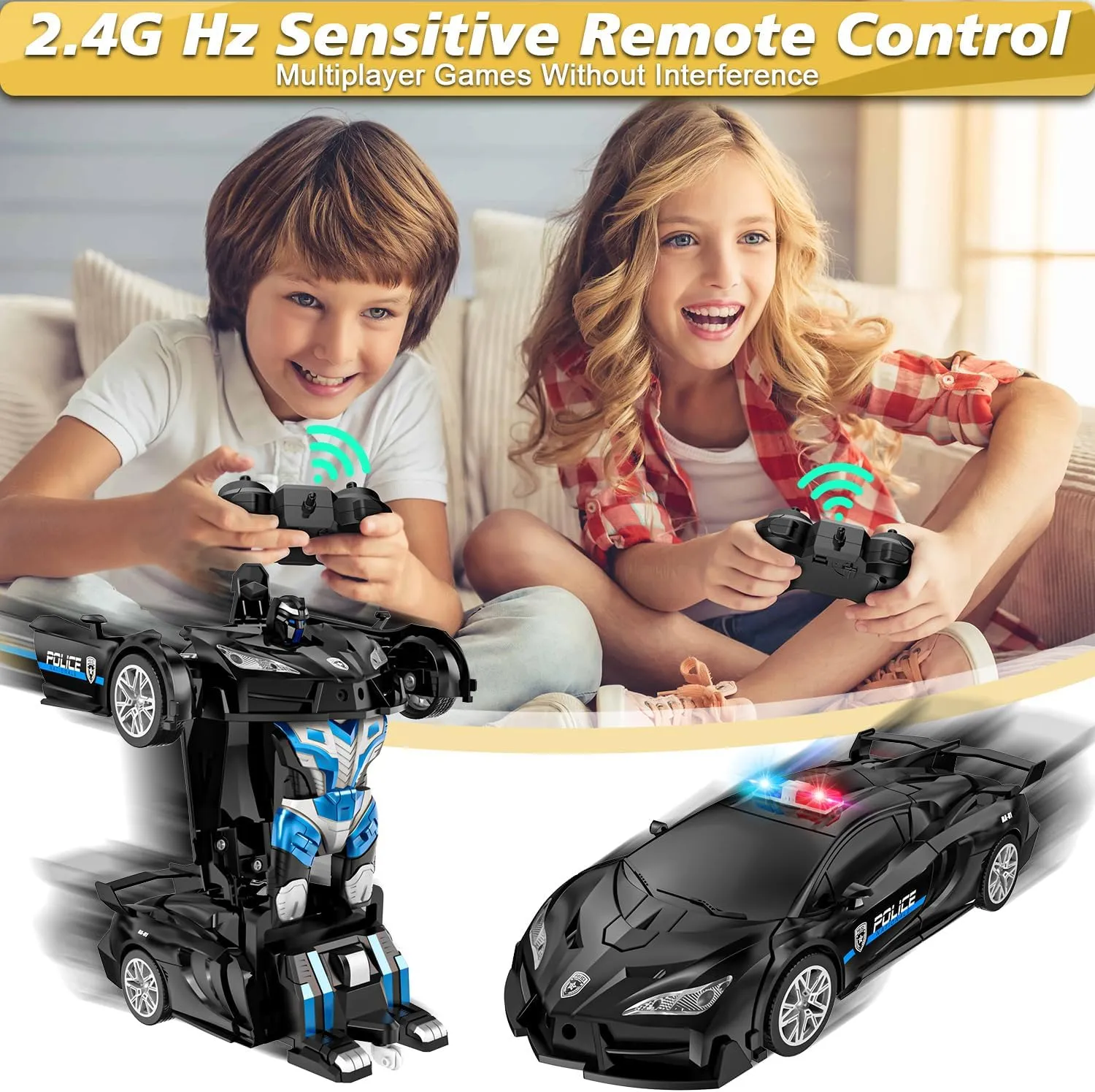 Remote Control Car for Kids , One Button Transformation to Robot with Flashing Light 2.4 Ghz Transforming Robot Car 1:18 Scale Transform RC Cars Toy Boys Girls Birthday Gift with 360 Degree Rotation