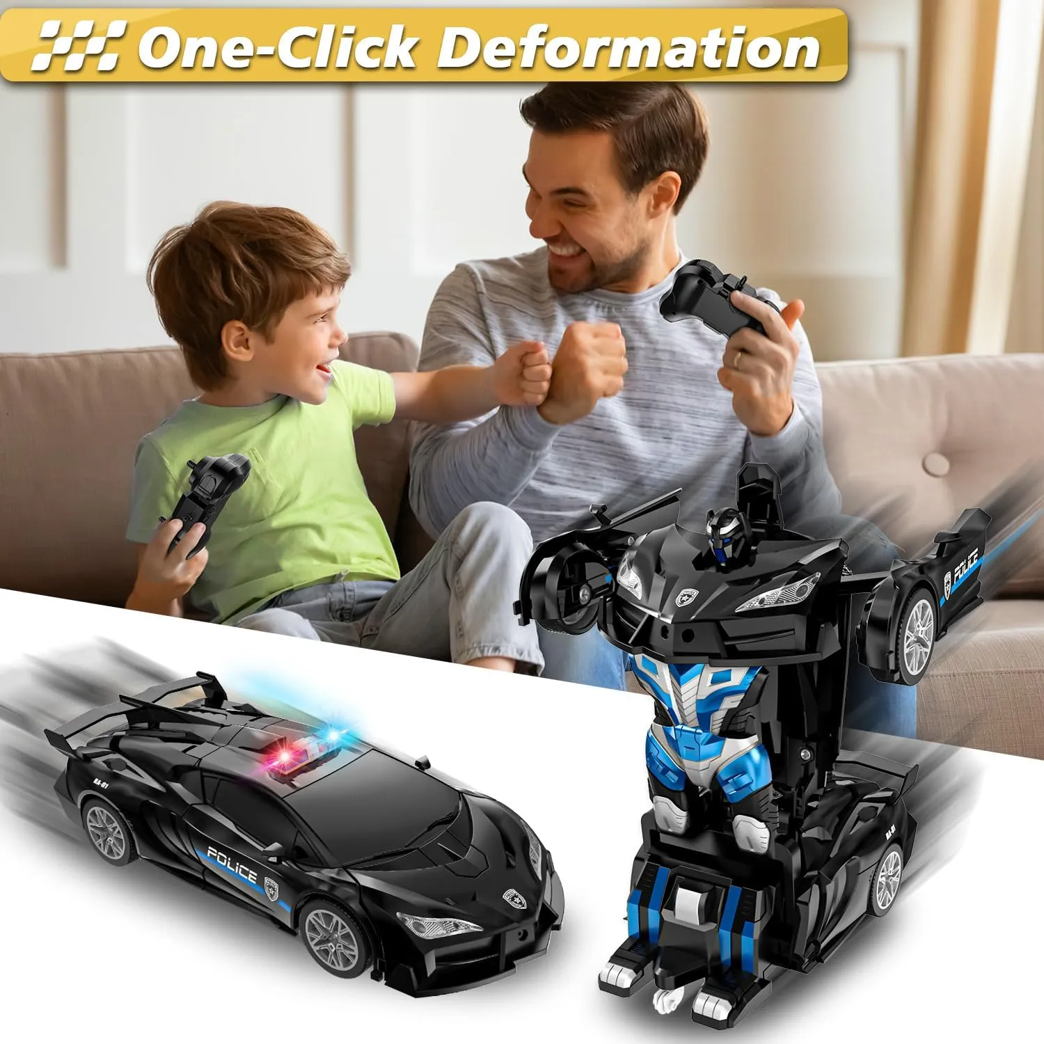 Remote Control Car for Kids , One Button Transformation to Robot with Flashing Light 2.4 Ghz Transforming Robot Car 1:18 Scale Transform RC Cars Toy Boys Girls Birthday Gift with 360 Degree Rotation