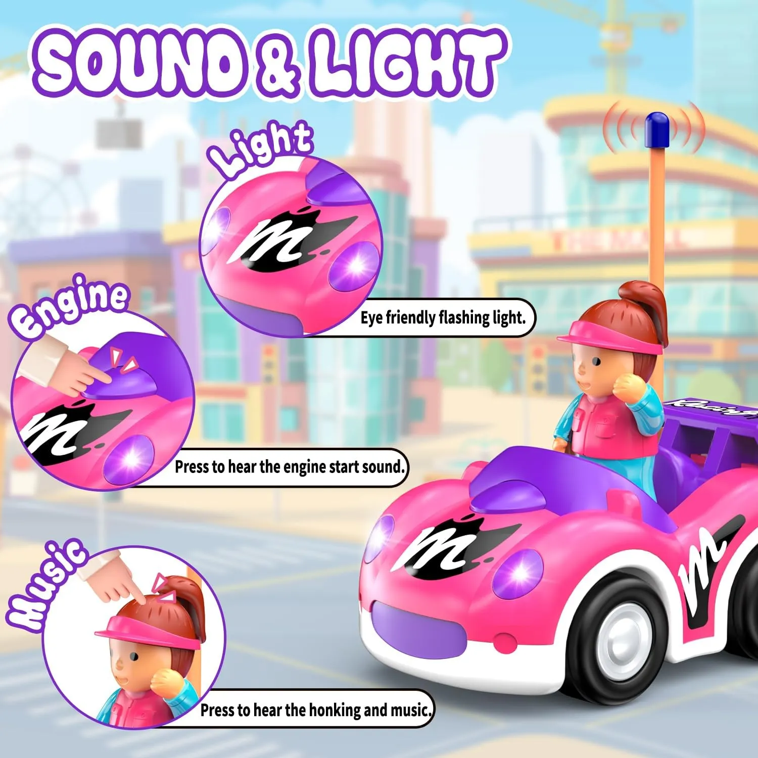 Remote Control Car for Toddlers 1-3, RC Race Toys for 3 Year Old Girl, Radio Controlled Car with Lights & Music Toys for Ages 2-4 Girls, Birthday Gift for Toddlers Baby Girls (Pink)