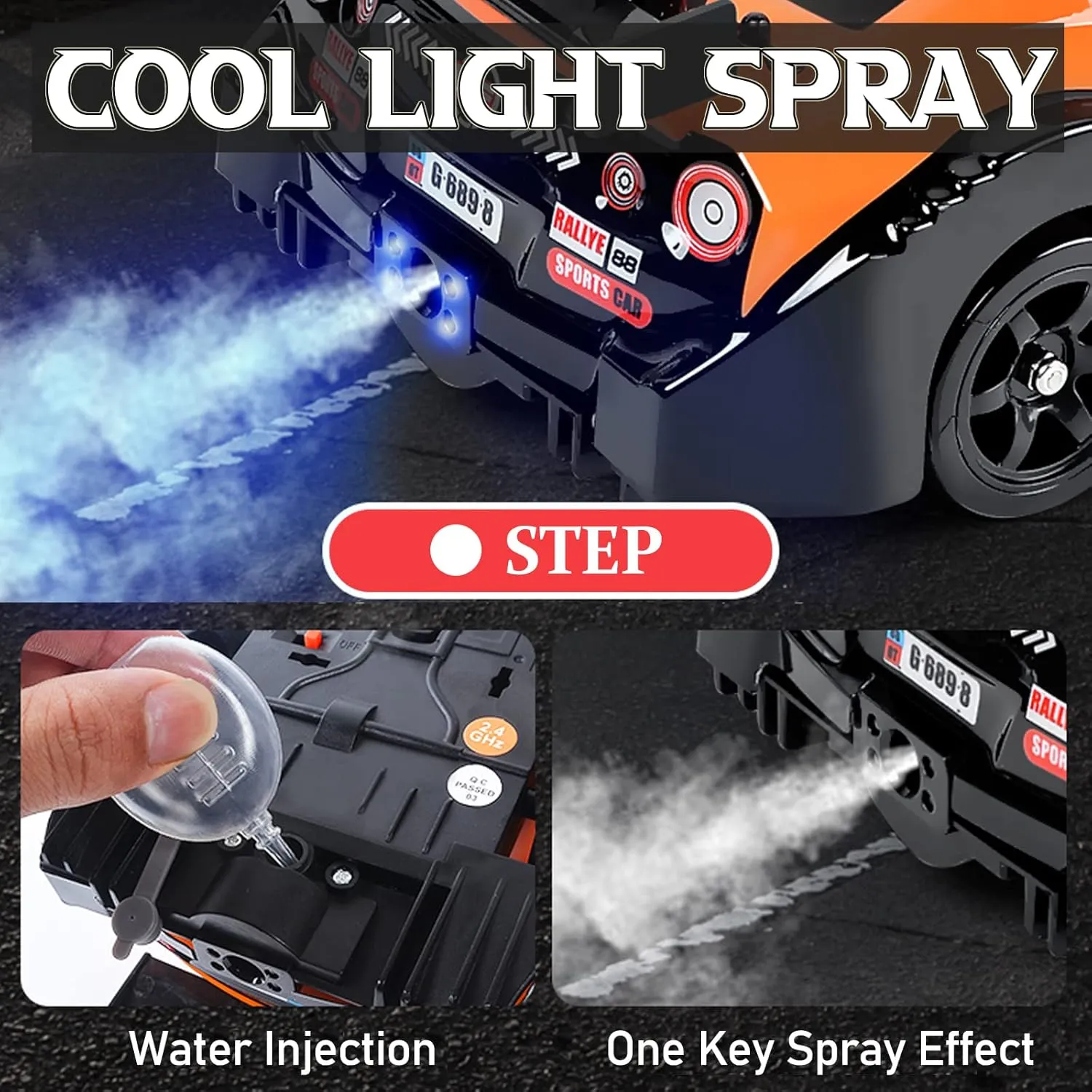 Remote Control Car RC Drift Car 1:16 Scale 4WD 18KM/H High Speed Model Vehicle 2.4GHz with LED Lights Spray Rubber Tire Racing Sport Toy for Adults Boys Girls Kids Gift 2Pcs Rechargeable Batteries