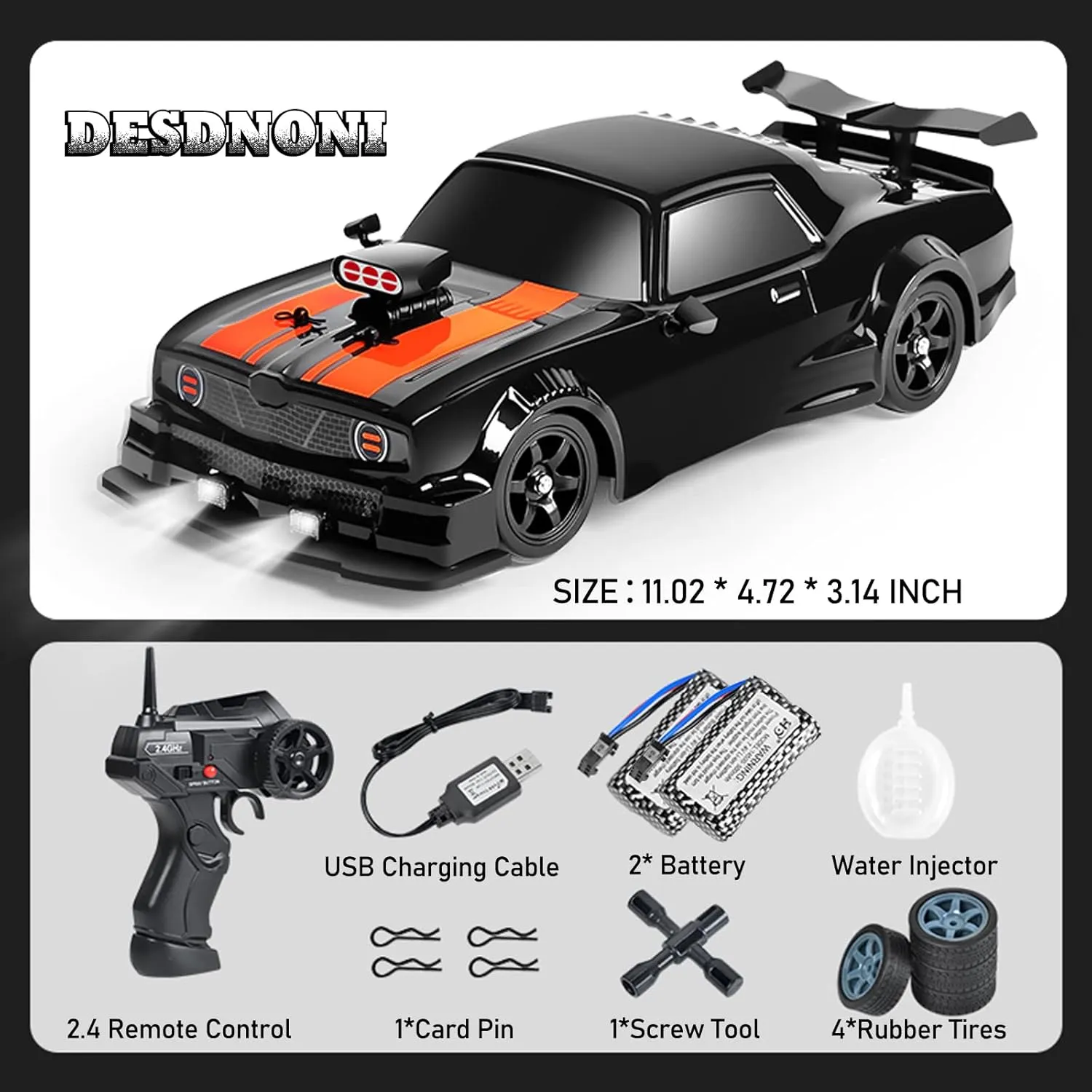 Remote Control Car RC Drift Car 1:16 Scale 4WD 18KM/H High Speed Model Vehicle 2.4GHz with LED Lights Spray Rubber Tire Racing Sport Toy for Adults Boys Girls Kids Gift 2Pcs Rechargeable Batteries