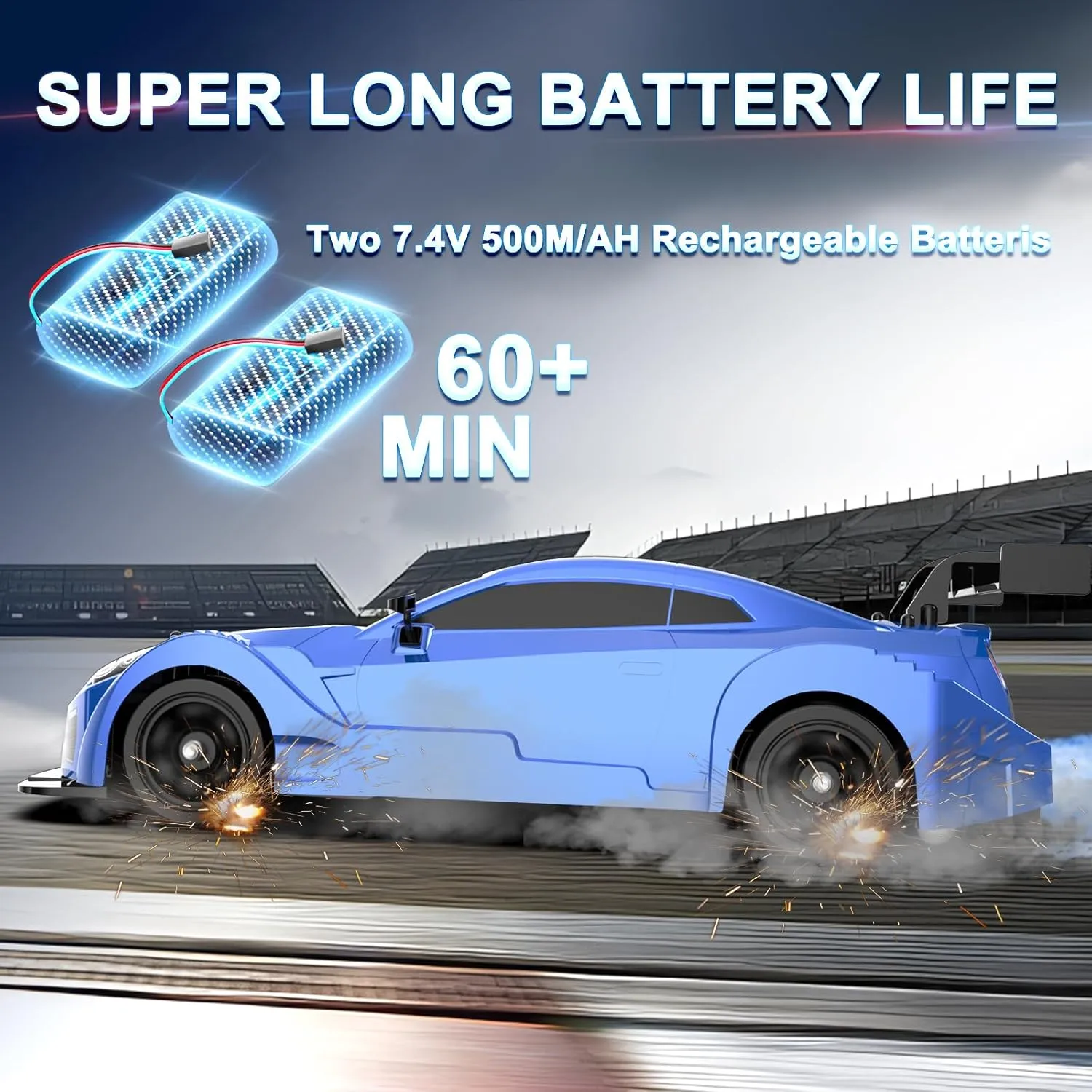 Remote Control Car RC Drift Car 1:16 Scale 4WD 18KM/H High Speed Model Vehicle 2.4GHz with LED Lights Spray Rubber Tire Racing Sport Toy for Adults Boys Girls Kids Gift 2Pcs Rechargeable Batteries