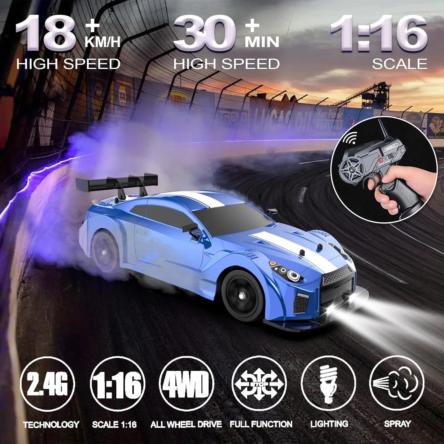 Remote Control Car RC Drift Car 1:16 Scale 4WD 18KM/H High Speed Model Vehicle 2.4GHz with LED Lights Spray Rubber Tire Racing Sport Toy for Adults Boys Girls Kids Gift 2Pcs Rechargeable Batteries