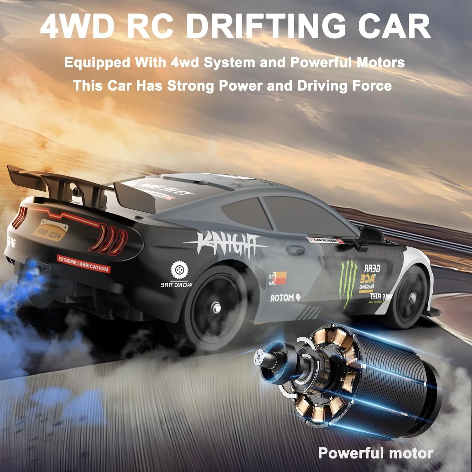 Remote Control Car RC Drift Car 1:16 Scale 4WD 18KM/H High Speed Model Vehicle 2.4GHz with LED Lights Spray Rubber Tire Racing Sport Toy for Adults Boys Girls Kids Gift 2Pcs Rechargeable Batteries