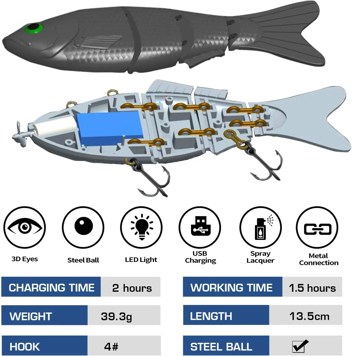 Robotic Swimming Fishing Electric Lures 5.12" USB Rechargeable LED Light Wobbler Multi Jointed Swimbaits Hard Lures Fishing Tackle