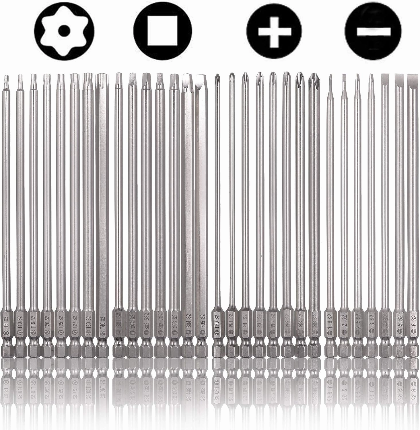 Rocaris 30 Pack 1/4 Inch Hex Shank Long Magnetic Screwdriver Bits Set 6 Inch Power Tools(Slotted Cross Square  Torx)