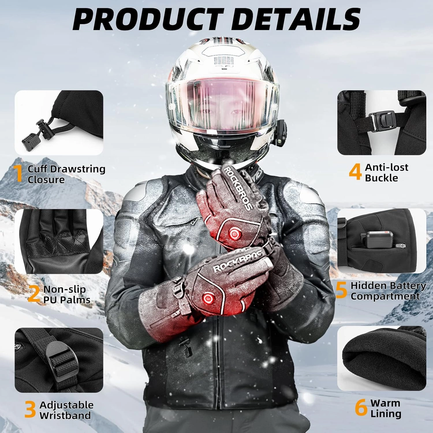 ROCKBROS Heated Gloves for Men Women Rechargeable Battery Electric Heated Gloves Winter Heated Motorcycle Gloves Touchscreen for Cycling, Skiing, Snowboarding