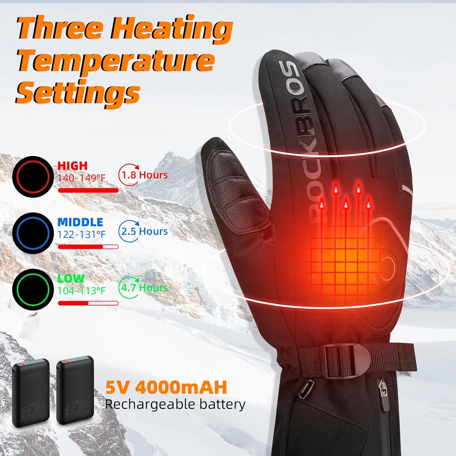 ROCKBROS Heated Gloves for Men Women Rechargeable Battery Electric Heated Gloves Winter Heated Motorcycle Gloves Touchscreen for Cycling, Skiing, Snowboarding
