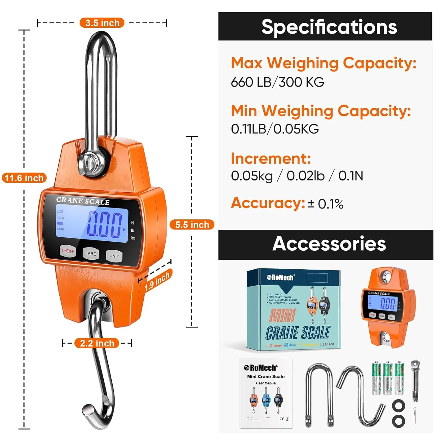 RoMech 660lb Digital Hanging Scale with Cast Aluminum Case, Handheld 300Kg Mini Crane Scale with Hooks for Farm Hunting Fishing Outdoor (Orange)