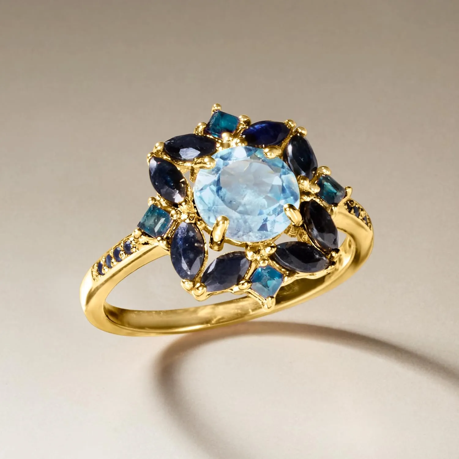 Ross-Simons 1.80 Carat Sky Blue Topaz, 2.40 ct. t.w. Sapphire and .80 ct. t.w. London Blue Topaz Ring in 18kt Gold Over Sterling