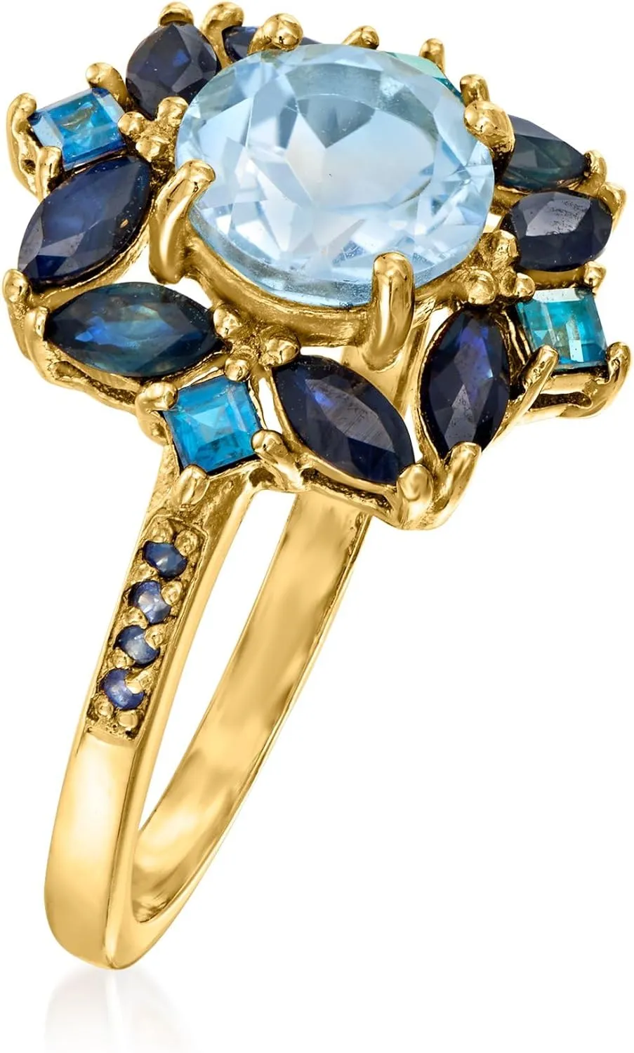 Ross-Simons 1.80 Carat Sky Blue Topaz, 2.40 ct. t.w. Sapphire and .80 ct. t.w. London Blue Topaz Ring in 18kt Gold Over Sterling