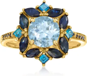 Ross-Simons 1.80 Carat Sky Blue Topaz, 2.40 ct. t.w. Sapphire and .80 ct. t.w. London Blue Topaz Ring in 18kt Gold Over Sterling