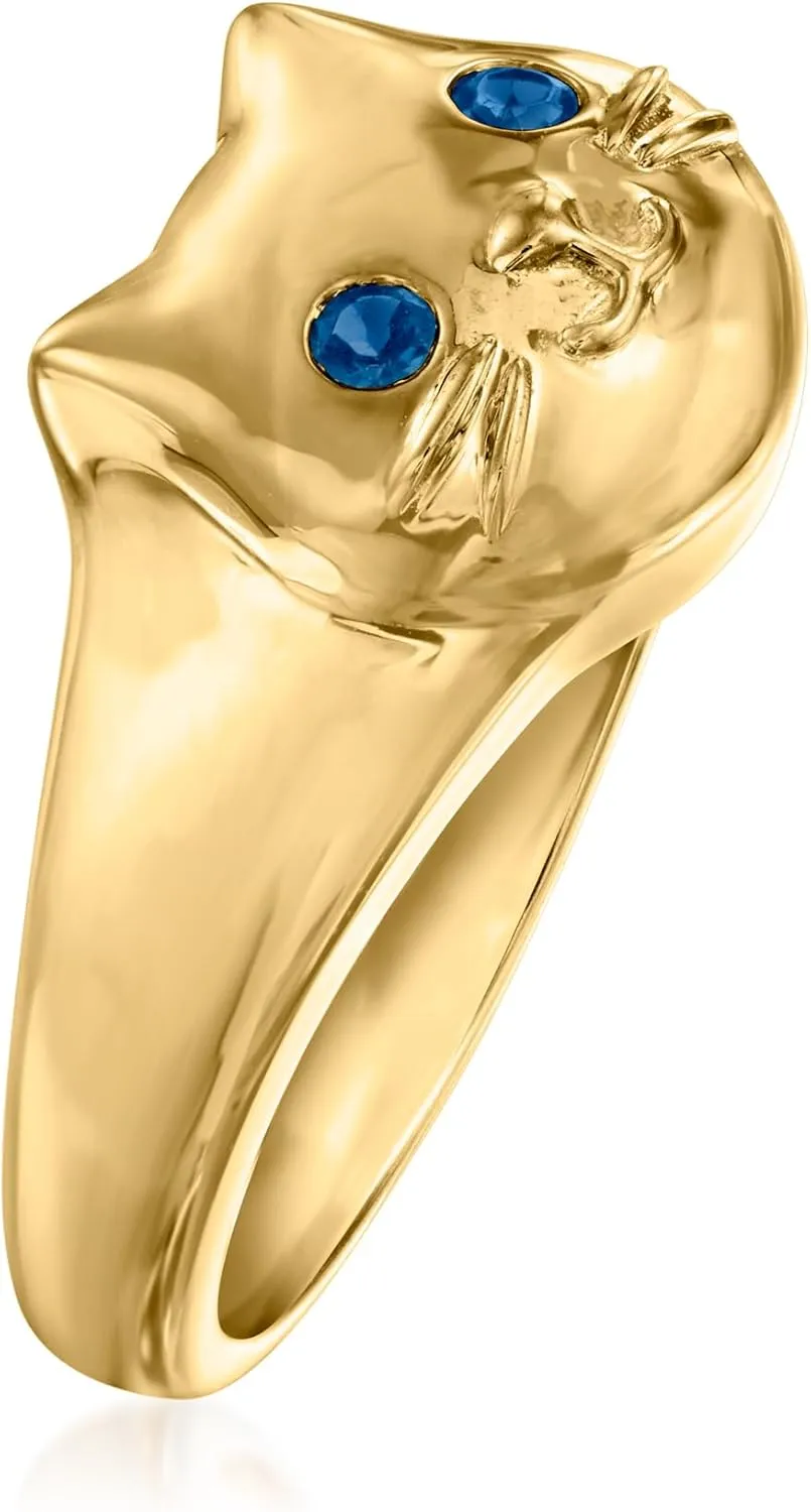 Ross-Simons 18kt Gold Over Sterling Cat Ring With London Blue Topaz Accents