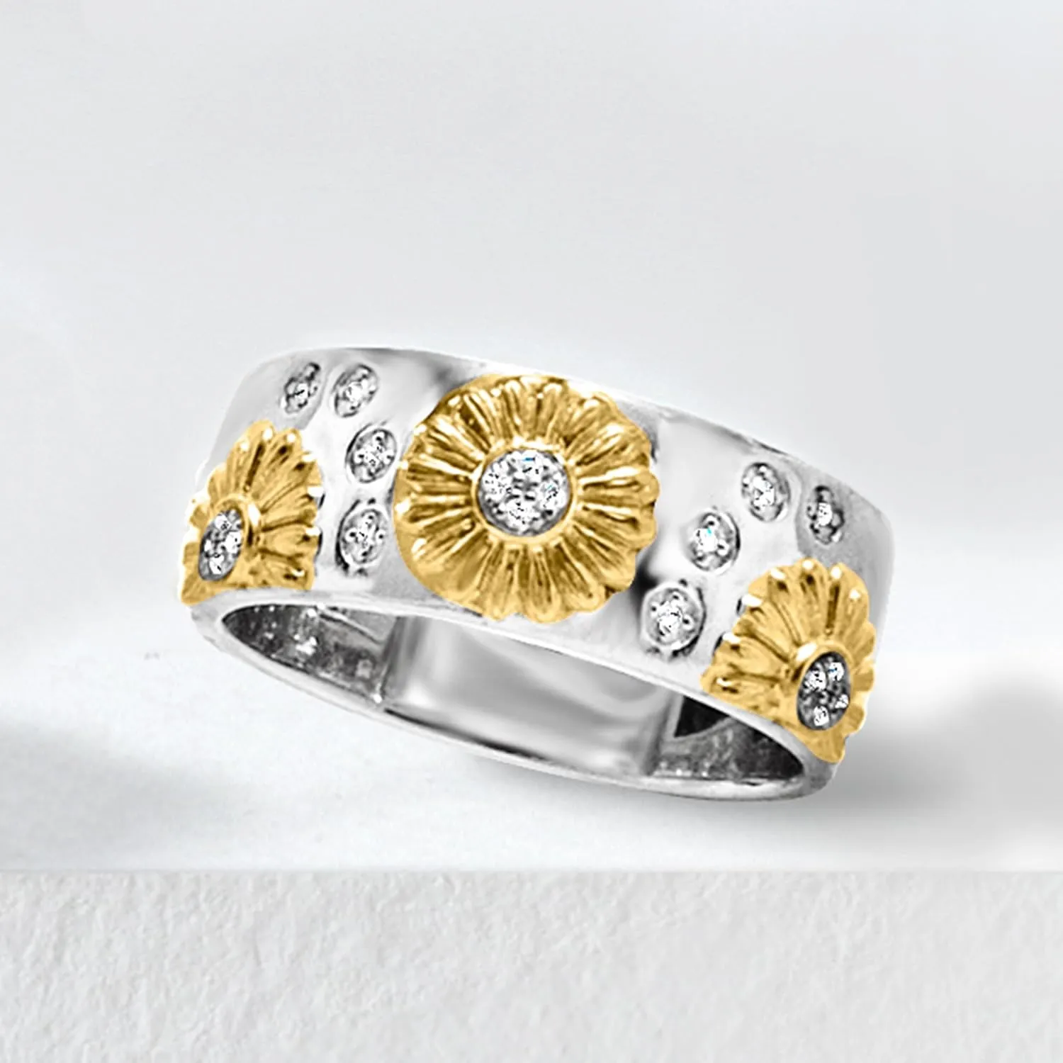 Ross-Simons Diamond Sunflower Ring in 2-Tone Sterling Silver