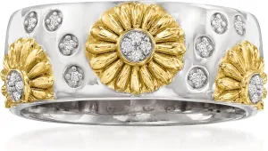 Ross-Simons Diamond Sunflower Ring in 2-Tone Sterling Silver