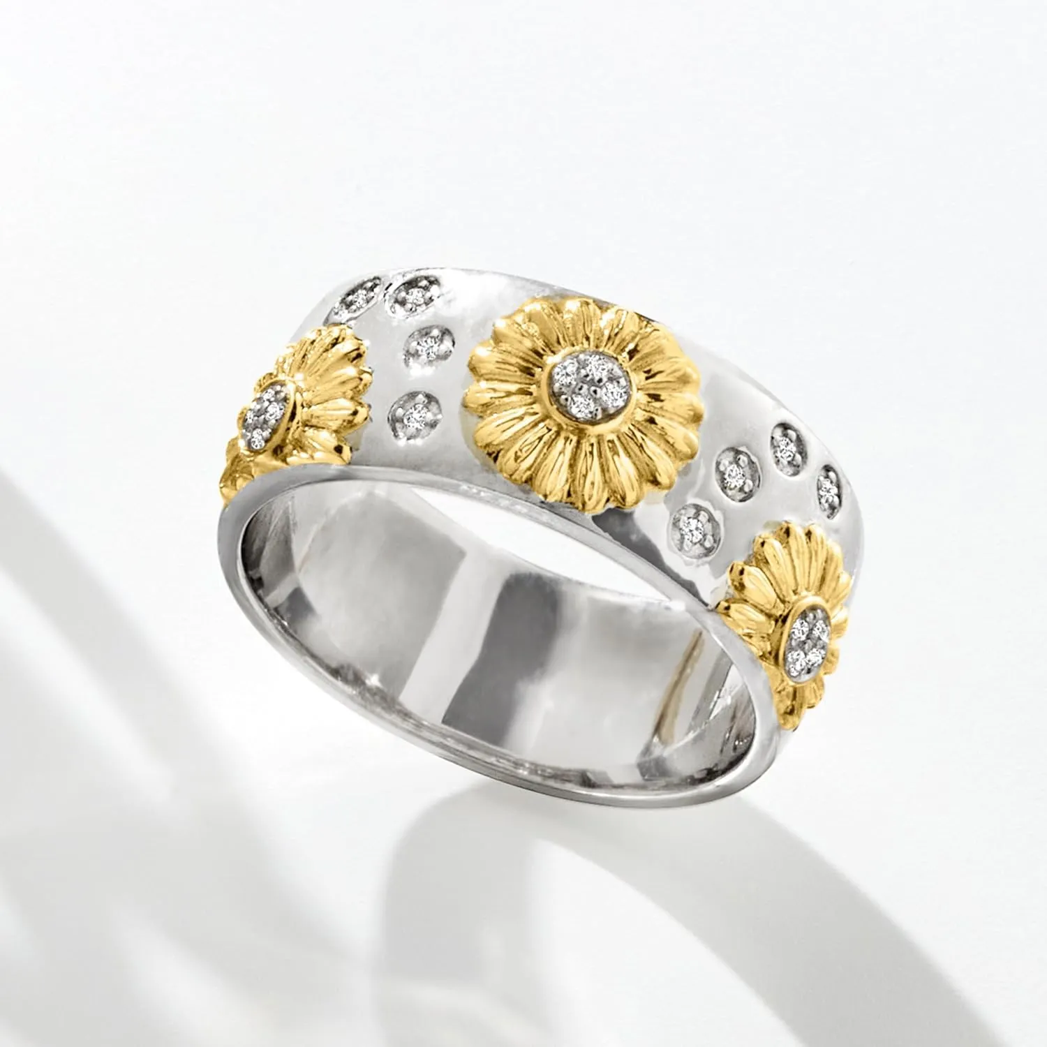 Ross-Simons Diamond Sunflower Ring in 2-Tone Sterling Silver