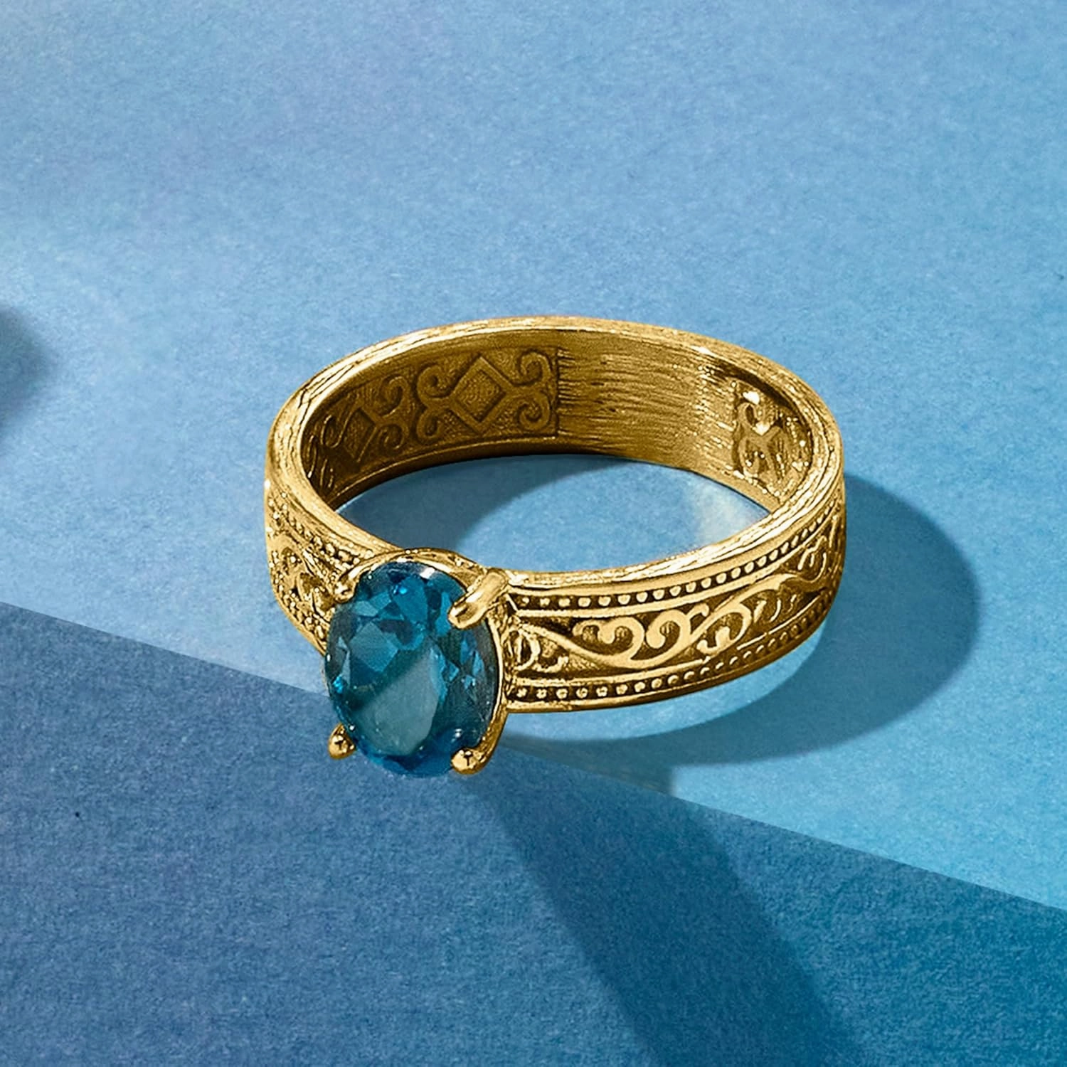 Ross-Simons 1.50 Carat London Blue Topaz Scrollwork Ring in 18kt Gold Over Sterling