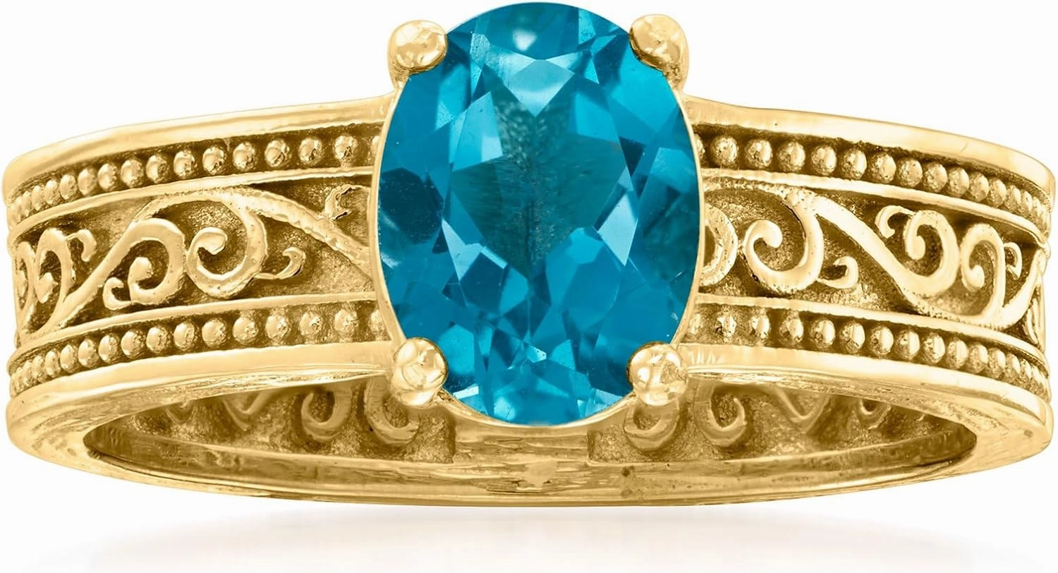 Ross-Simons 1.50 Carat London Blue Topaz Scrollwork Ring in 18kt Gold Over Sterling