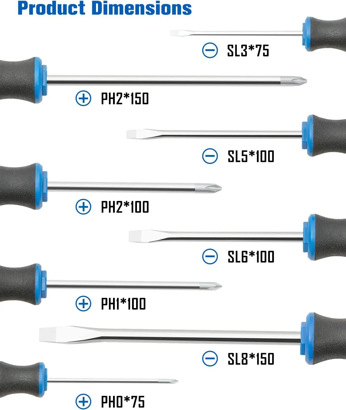 ROTATION 8-Piece Magnetic Screwdrivers Set with Nichrome tip, 4 Phillips and 4 Slotted Tips, Professional Cushion Grip Screwdriver Set with High Torque (8pc_silver tip_gloss)