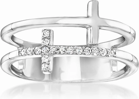 RS Pure by Ross-Simons 0.10 ct. t.w. Diamond 2-Row Cross Ring in Sterling Silver