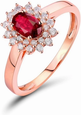 Ruby Ring For Women, 14K Rose Gold Ring - Red Ruby Ring, Natural Oval Genuine Ruby Ring & Real Diamond Gemstone Unique Rings For Bridal Engagement Ring