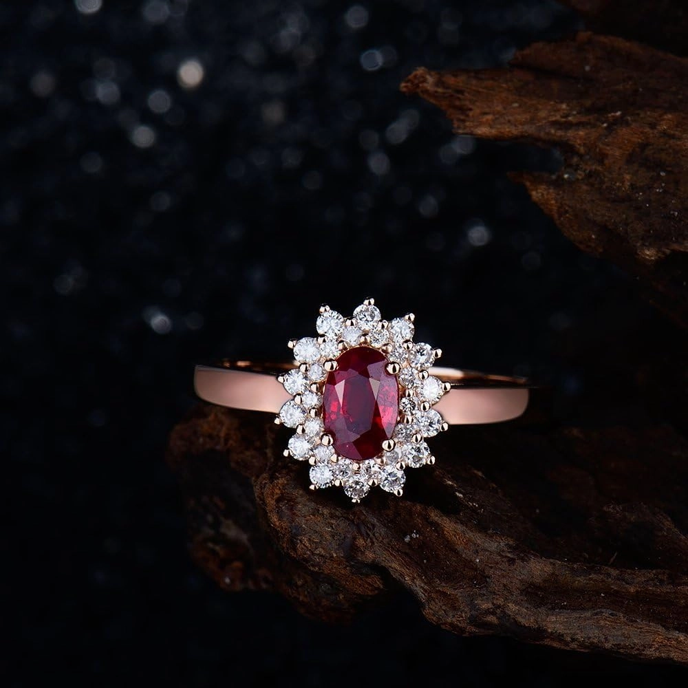 Ruby Ring For Women, 14K Rose Gold Ring - Red Ruby Ring, Natural Oval Genuine Ruby Ring & Real Diamond Gemstone Unique Rings For Bridal Engagement Ring