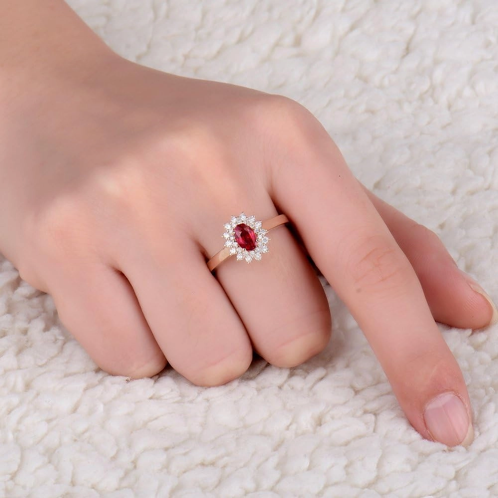 Ruby Ring For Women, 14K Rose Gold Ring - Red Ruby Ring, Natural Oval Genuine Ruby Ring & Real Diamond Gemstone Unique Rings For Bridal Engagement Ring