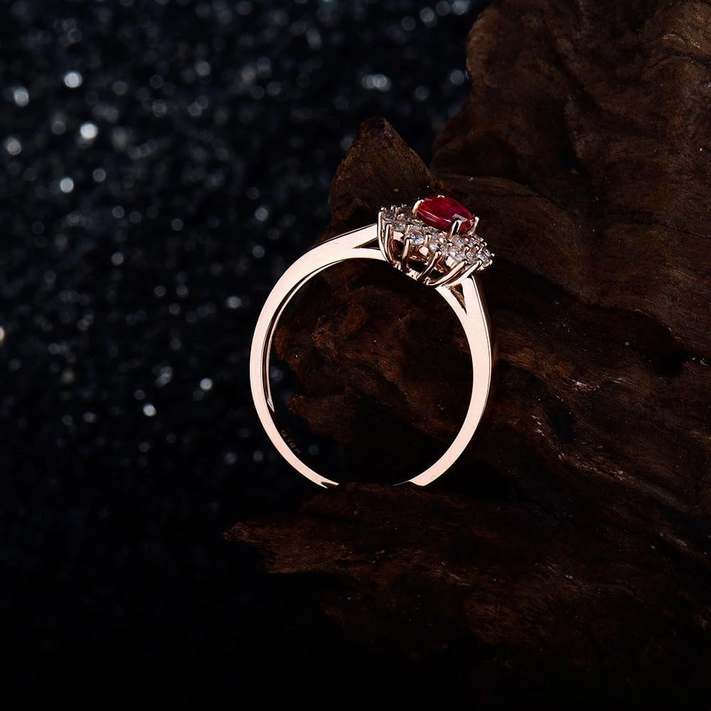 Ruby Ring For Women, 14K Rose Gold Ring - Red Ruby Ring, Natural Oval Genuine Ruby Ring & Real Diamond Gemstone Unique Rings For Bridal Engagement Ring