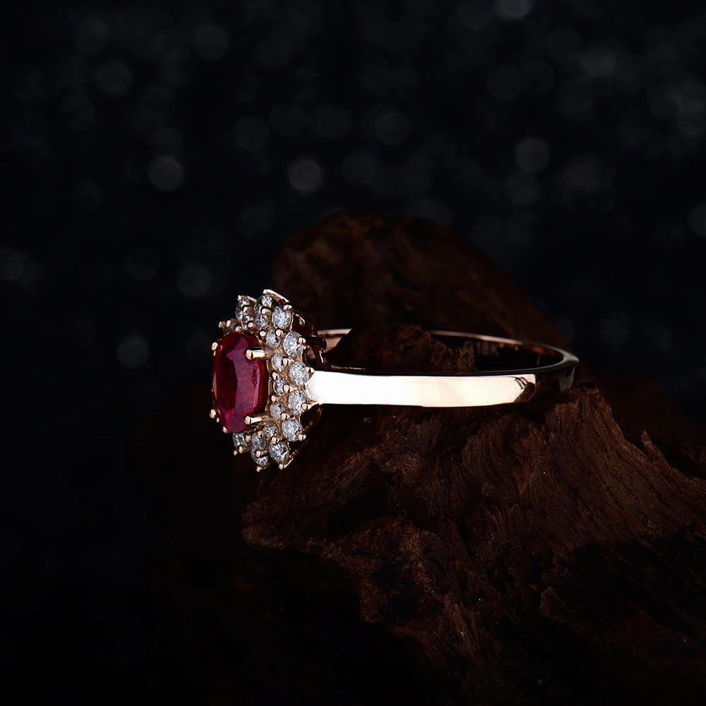 Ruby Ring For Women, 14K Rose Gold Ring - Red Ruby Ring, Natural Oval Genuine Ruby Ring & Real Diamond Gemstone Unique Rings For Bridal Engagement Ring