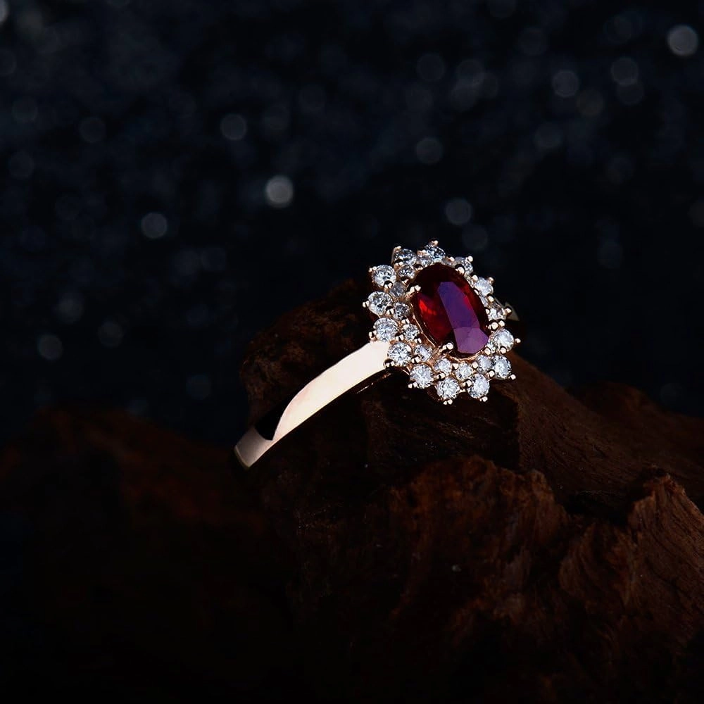 Ruby Ring For Women, 14K Rose Gold Ring - Red Ruby Ring, Natural Oval Genuine Ruby Ring & Real Diamond Gemstone Unique Rings For Bridal Engagement Ring