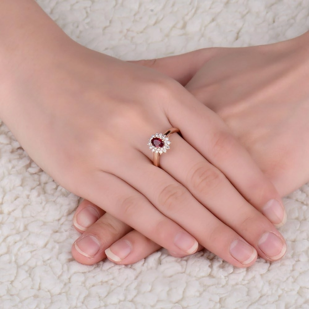 Ruby Ring For Women, 14K Rose Gold Ring - Red Ruby Ring, Natural Oval Genuine Ruby Ring & Real Diamond Gemstone Unique Rings For Bridal Engagement Ring