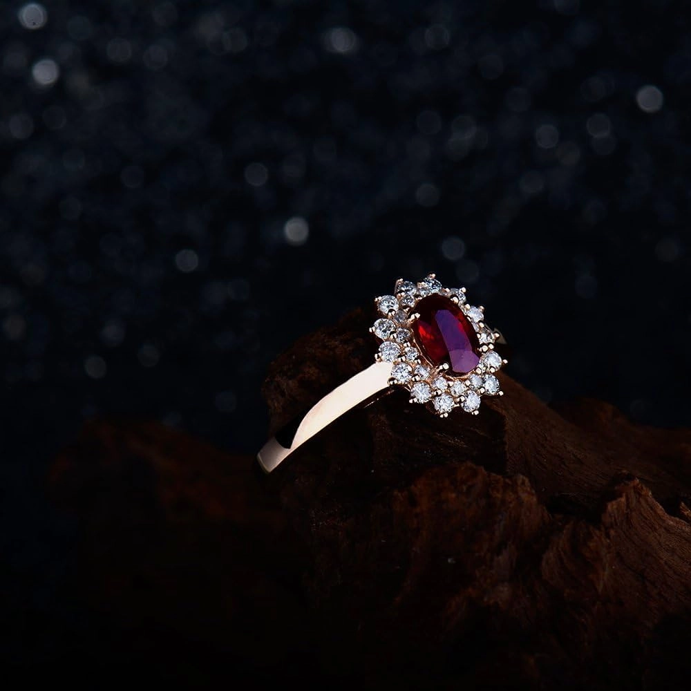 Ruby Ring For Women, 14K Rose Gold Ring - Red Ruby Ring, Natural Oval Genuine Ruby Ring & Real Diamond Gemstone Unique Rings For Bridal Engagement Ring