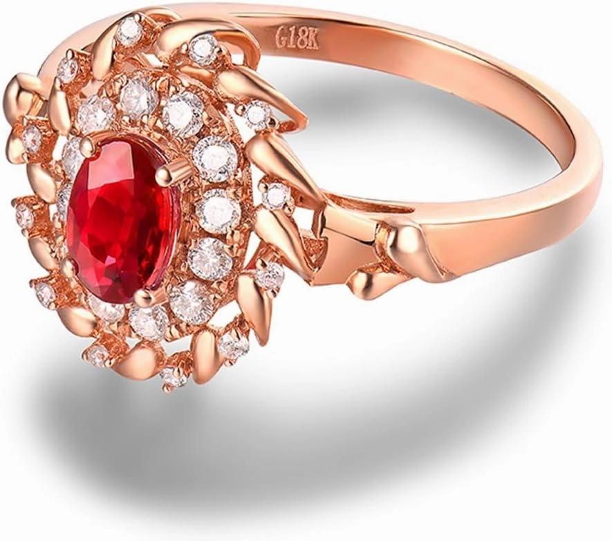 Ruby Ring For Women, 14kt Rose Gold Rings - Red Ruby Ring with Diamond, 0.60ct Oval 4x6mm Ruby Gemstone Rings & Real Diamond Ring For Couple Engagement Ring